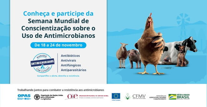 Banner sobre a Semana Mundial de Conscientização sobre o Uso de Antimicrobianos. No lado direito estão desenhos de animais.