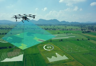 Smart farm, precision farming concept. Use drone for various fields like research analysis, terrain scan technology, monitoring soil hydration, yield problem, take photo and send data to the cloud