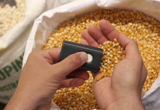 Foto de analisador portátil sendo utilizando em milho.
