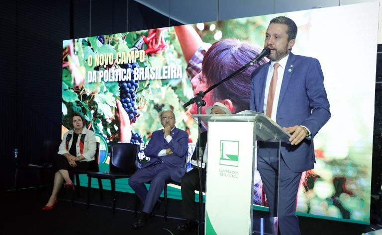 Foto do Deputado Fausto Pinato discursando em tribuna em frente a telão. 