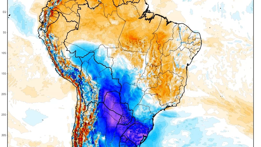 Foto mostra mapa do Brasil com ondas de frio chegando ao sul do país.