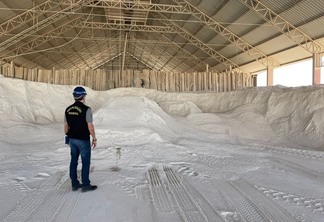 Foto de auditor fiscal federal agropecuário em meio a galpão com grande quantidade de substância em pó branco.