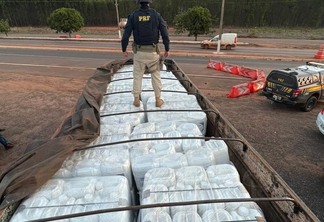 Foto de policial rodoviário federal em pé em cima de galões de agrotóxicos em caminhão.
