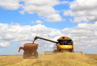 Foto de máquinas realizando colheita de soja.