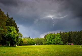 A foto mostra um gramado e árvores com o céu com nuvens carregadas de chuva e raios A foto mostra um gramado e árvores com o céu com nuvens carregadas de chuva e raios