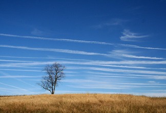 A foto mostra uma colina com céu azul
