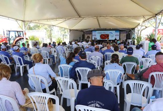 Foto de auditório ao ar livre com pessoas sentadas em cadeiras de plástico enquanto assistem a apresentação em telão.