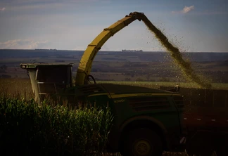 Foto de colheitadeira em lavora de milho. Ela está despejando grãos em carreta. Foto de colheitadeira em lavora de milho. Ela está despejando grãos em carreta.