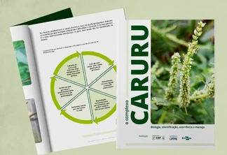 No lado direito, a imagem mostra a capa de uma cartilha com o título "Caruru" e uma foto da planta daninha caruru. Na esquerda, está a cartilha aberta numa página que mostra um gráfico. No lado direito, a imagem mostra a capa de uma cartilha com o título "Caruru" e uma foto da planta daninha caruru. Na esquerda, está a cartilha aberta numa página que mostra um gráfico.