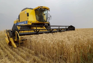 Foto de colheitadeira em lavoura de trigo. Foto de colheitadeira em lavoura de trigo.
