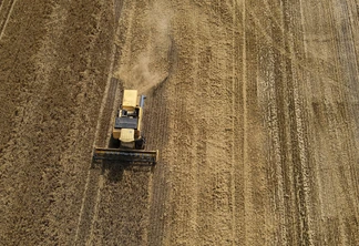 Foto de colheitadeira avançando em lavoura de cevada. Foto de colheitadeira avançando em lavoura de cevada.