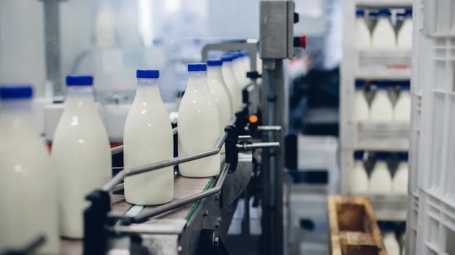 Garrafas com leite, em uma máquina de fábrica Garrafas com leite, em uma máquina de fábrica