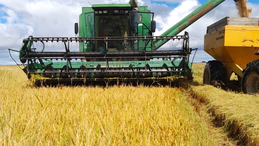 Foto de colheitadeira em lavoura de arroz despejando grãos em carreta graneleira. Foto de colheitadeira em lavoura de arroz despejando grãos em carreta graneleira.