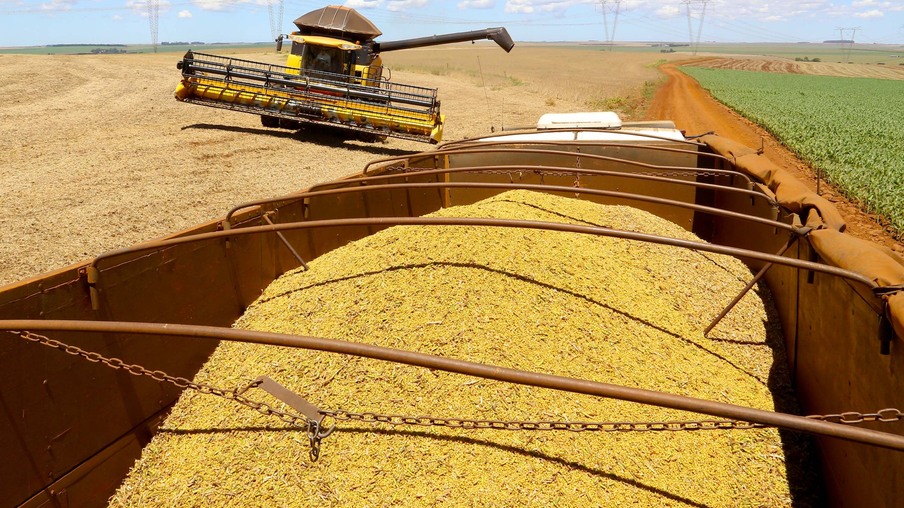 A foto mostra uma carreta com grãos de soja e ao fundo uma colhedora. A foto mostra uma carreta com grãos de soja e ao fundo uma colhedora.