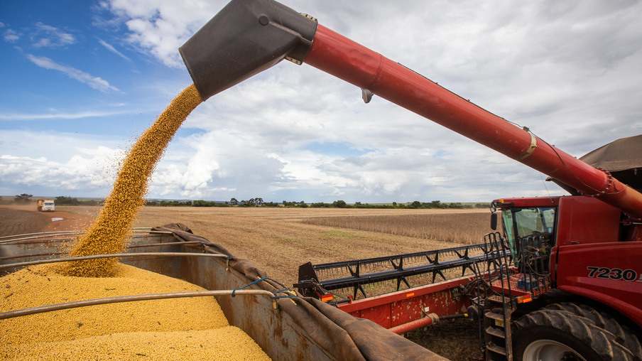 Foto de grãos de soja sendo despejados de colheitadeira para para caminhão. Foto de grãos de soja sendo despejados de colheitadeira para para caminhão.