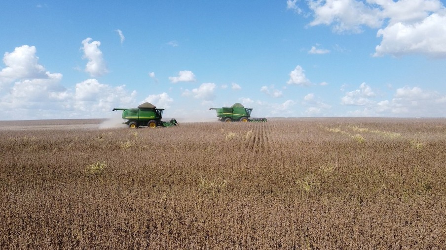 Foto de duas colheitadeiras em lavoura de soja. Foto de duas colheitadeiras em lavoura de soja.