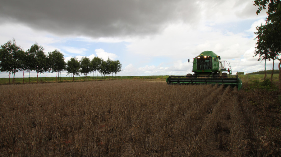 Foto de colheitadeira em lavoura de soja . Foto de colheitadeira em lavoura de soja .