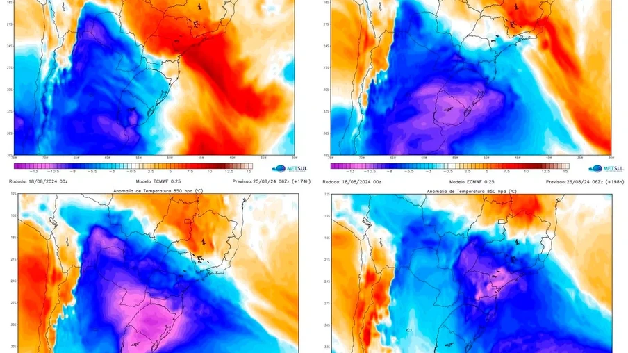 Imagem com quatro mapas mostrando avança de massa de ar frio sobre o Sul do país. Imagem com quatro mapas mostrando avança de massa de ar frio sobre o Sul do país.