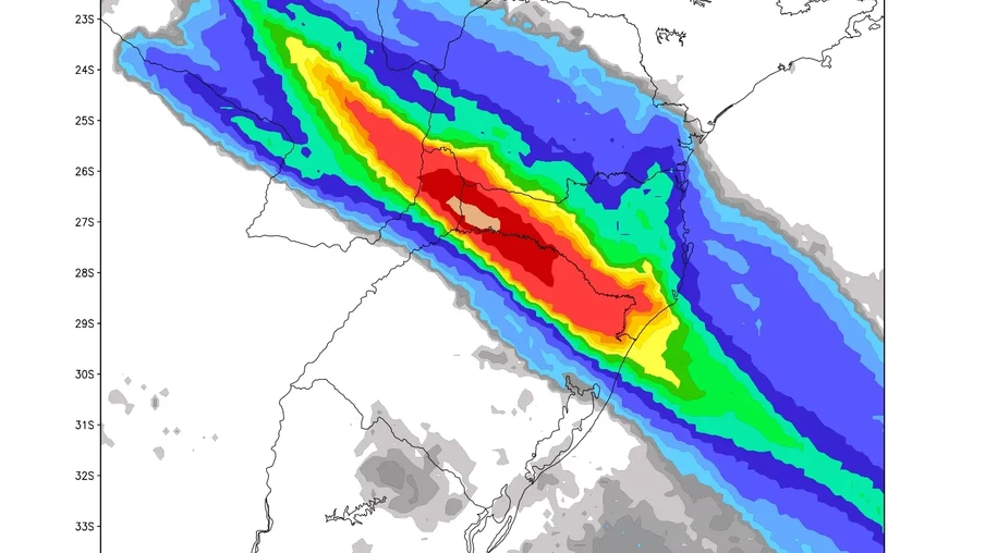 Foto de mapa mostrando projeção de chuva para 24 horas até 21h desta sexta em que se observa a possibilidade de chover com volumes altos no Oeste catarinense e em áreas da divisa do Rio Grande do Sul com Santa Catarina. Foto de mapa mostrando projeção de chuva para 24 horas até 21h desta sexta em que se observa a possibilidade de chover com volumes altos no Oeste catarinense e em áreas da divisa do Rio Grande do Sul com Santa Catarina.