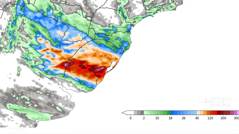 Mapa do Rio Grande do Sul com cores indicando o acumulado de chuva previsto entre 23 de setembro de 2024 e 29 de setembro de 2024. Mapa do Rio Grande do Sul com cores indicando o acumulado de chuva previsto entre 23 de setembro de 2024 e 29 de setembro de 2024.