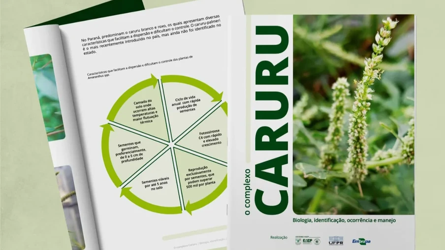 No lado direito, a imagem mostra a capa de uma cartilha com o título "Caruru" e uma foto da planta daninha caruru. Na esquerda, está a cartilha aberta numa página que mostra um gráfico. No lado direito, a imagem mostra a capa de uma cartilha com o título "Caruru" e uma foto da planta daninha caruru. Na esquerda, está a cartilha aberta numa página que mostra um gráfico.