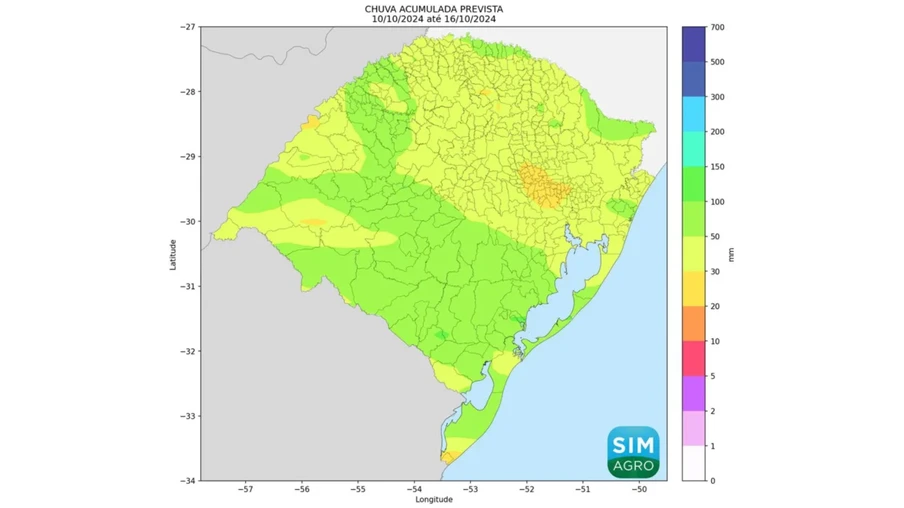 Mapa do Rio Grande do Sul indicando com cores a chuva prevista (mm) de 10 a 16 de outubro de 2024. Mapa do Rio Grande do Sul indicando com cores a chuva prevista (mm) de 10 a 16 de outubro de 2024.