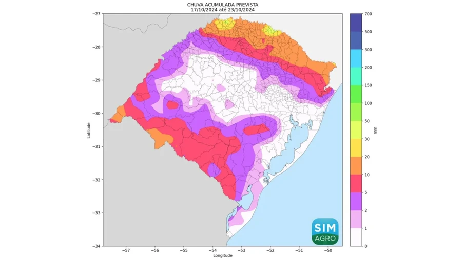 Mapa do Rio Grande do Sul com cores indicando a chuva prevista (mm) de 17 a 23 de outubro de 2024. Mapa do Rio Grande do Sul com cores indicando a chuva prevista (mm) de 17 a 23 de outubro de 2024.