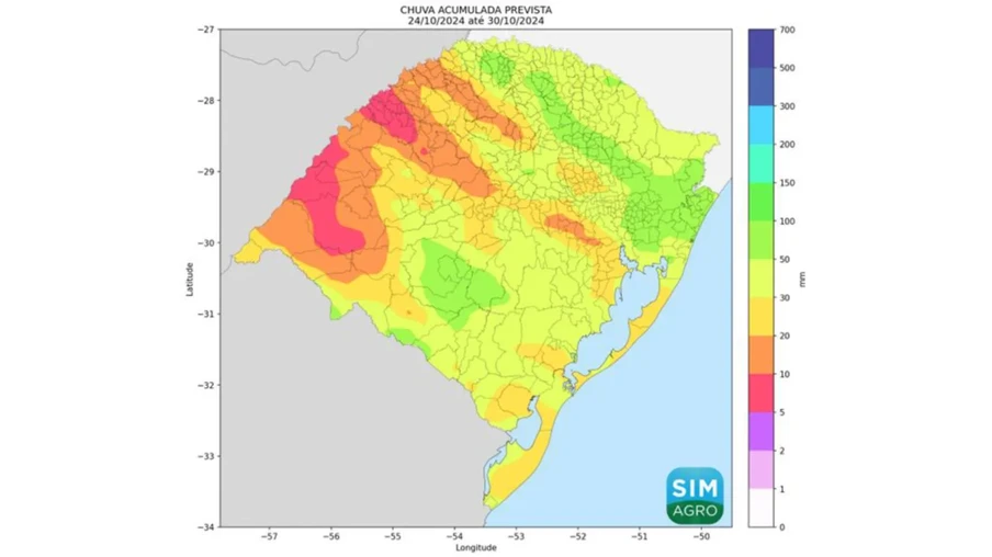 Mapa do Rio Grande do Sul indicando com cores a chuva prevista (mm) de 24 a 30 de outubro de 2024. Mapa do Rio Grande do Sul indicando com cores a chuva prevista (mm) de 24 a 30 de outubro de 2024.