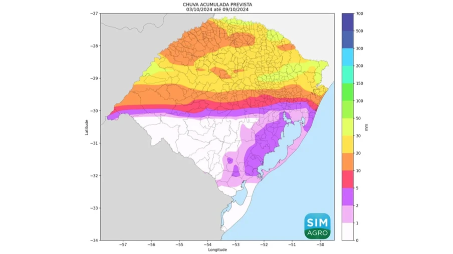 Chuva prevista (mm) de 3 a 9 de outubro de 2024 | Mapa: Divulgação Chuva prevista (mm) de 3 a 9 de outubro de 2024 | Mapa: Divulgação