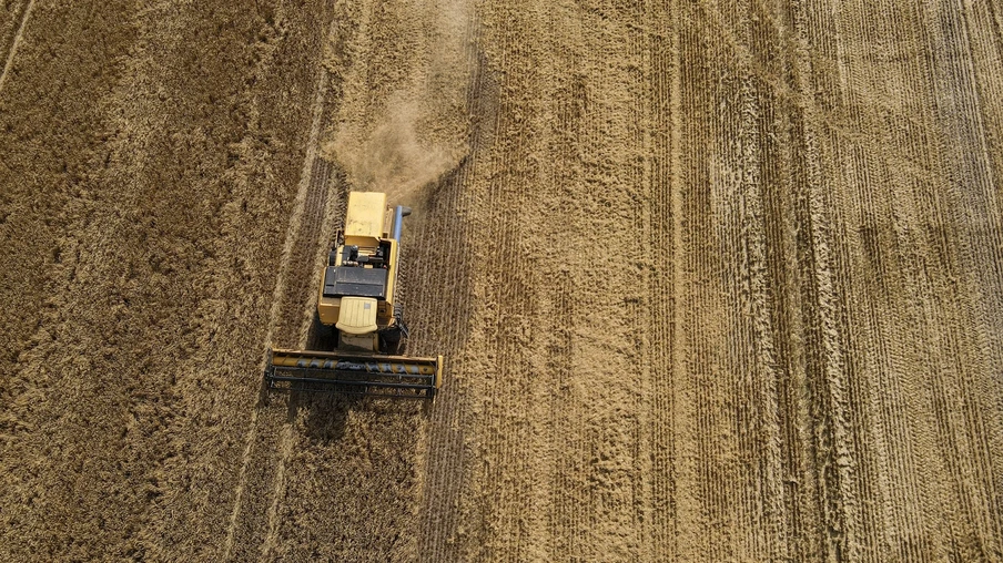 Foto de colheitadeira avançando em lavoura de cevada. Foto de colheitadeira avançando em lavoura de cevada.