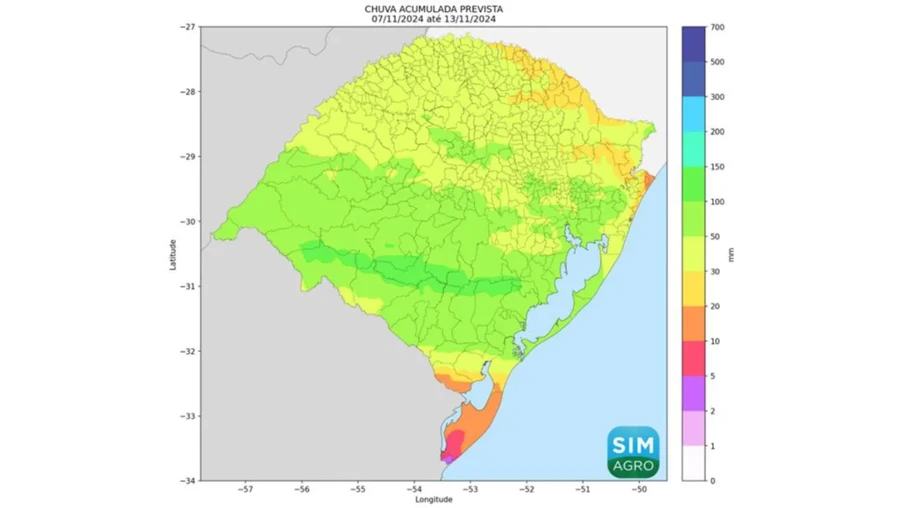 Mapa do Rio Grande do Sul indicando a chuva prevista (mm) de 7 a 13 de novembro de 2024. Mapa do Rio Grande do Sul indicando a chuva prevista (mm) de 7 a 13 de novembro de 2024.