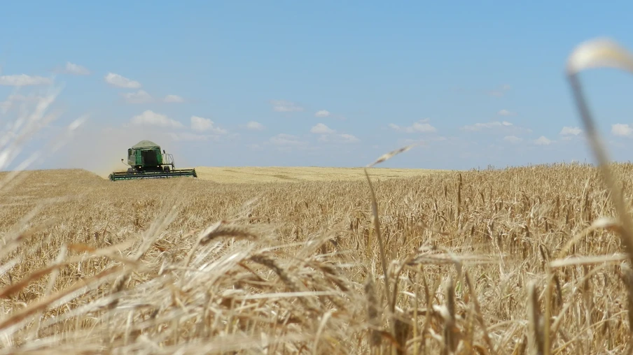 Foto de colheitadeira em lavoura de cevada. Foto de colheitadeira em lavoura de cevada.