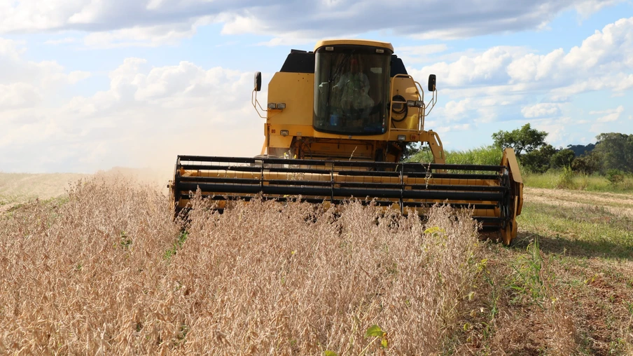 Foto de colheitadeira avançando em lavoura de soja com o milho já plantado. Foto de colheitadeira avançando em lavoura de soja com o milho já plantado.