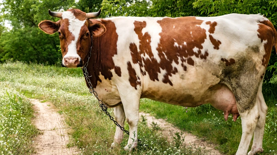 Vaca vermelha e branca no campo perto da trilha. Vaca vermelha e branca no campo perto da trilha.