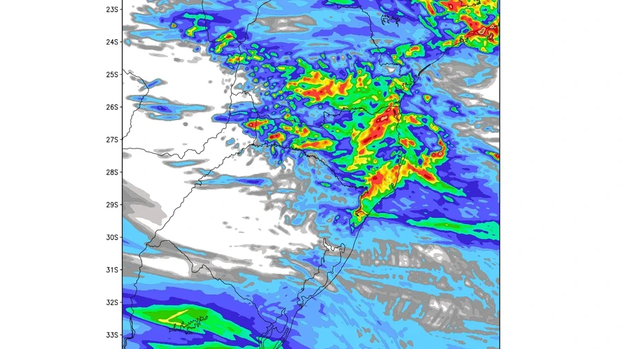 A frente instabiliza o tempo com chuva ainda de manhã em pontos do Oeste e do Sul. No decorrer do dia, avança pelo estado | Foto: Metsul/Divulgação A frente instabiliza o tempo com chuva ainda de manhã em pontos do Oeste e do Sul. No decorrer do dia, avança pelo estado | Foto: Metsul/Divulgação