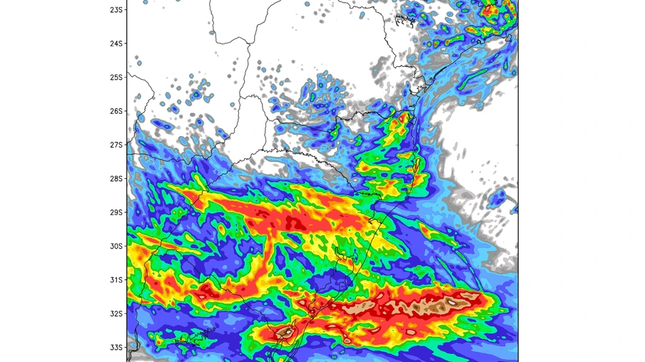 Há outros pontos com projeção ao redor de 100 mm no sul da Lagoa dos Patos, entre a Campanha e o Oeste e numa faixa que vai de São Borja a serra gaúcha com projeção de 50 a 100 mm | Foto: Metsul/Divulgação Há outros pontos com projeção ao redor de 100 mm no sul da Lagoa dos Patos, entre a Campanha e o Oeste e numa faixa que vai de São Borja a serra gaúcha com projeção de 50 a 100 mm | Foto: Metsul/Divulgação