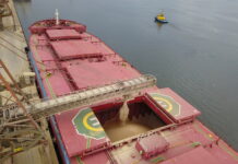 A foto mostra um navio sendo carregado com soja no Porto de Paranaguá, no Paraná